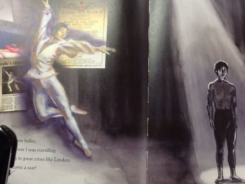 Here you the dancer on the left hand side is superimposed over part of the black and white drawing.
