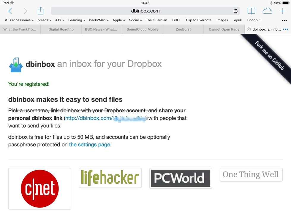Here you will see your personal dbinbox link. Type this into Safari on all any iPad and upload content from the camera roll to your Dropbox. Think carefully before sharing this unique password!
