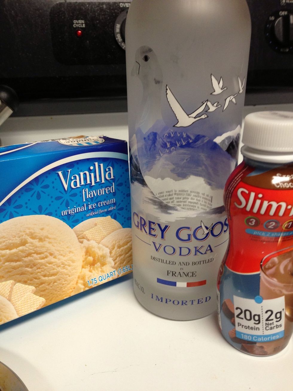 Heres my version: I didn't measure the Vodka, but if I had to guess it was about 1 1/2 oz. Poured it into blender along with 1/2 bottle of protein shake, 2 small scoops of icecream & ice! Blend! \ud83d\udc4d\ud83d\udc4f