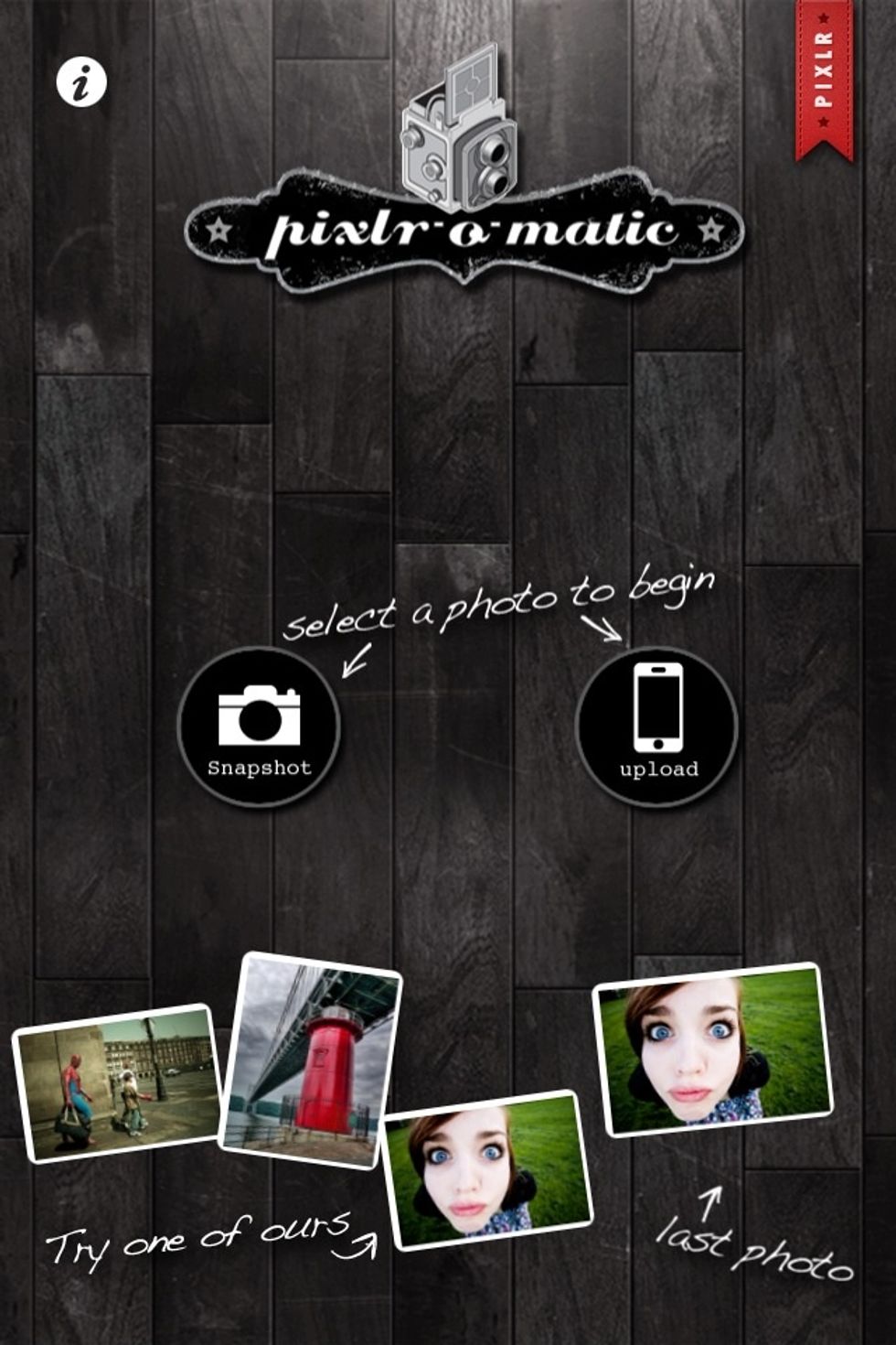 Heres the home page. you can either take a picture or load one in.