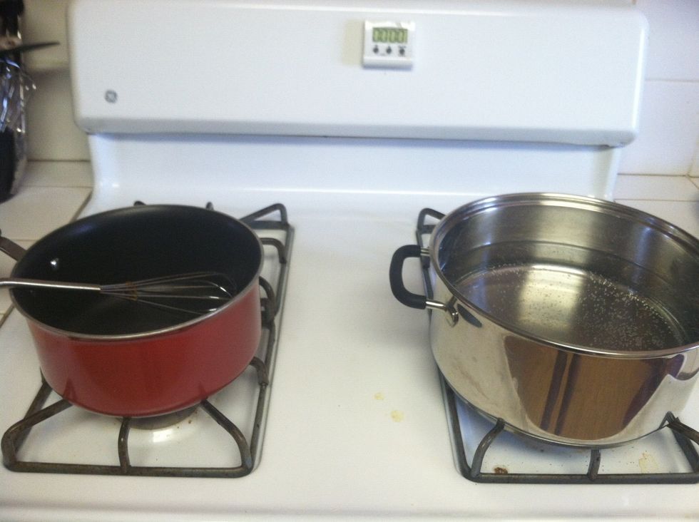 Heres ur sauce pan and noodle pot. Fill the pot with water about 3/4 to the top. Put it on high till it boils