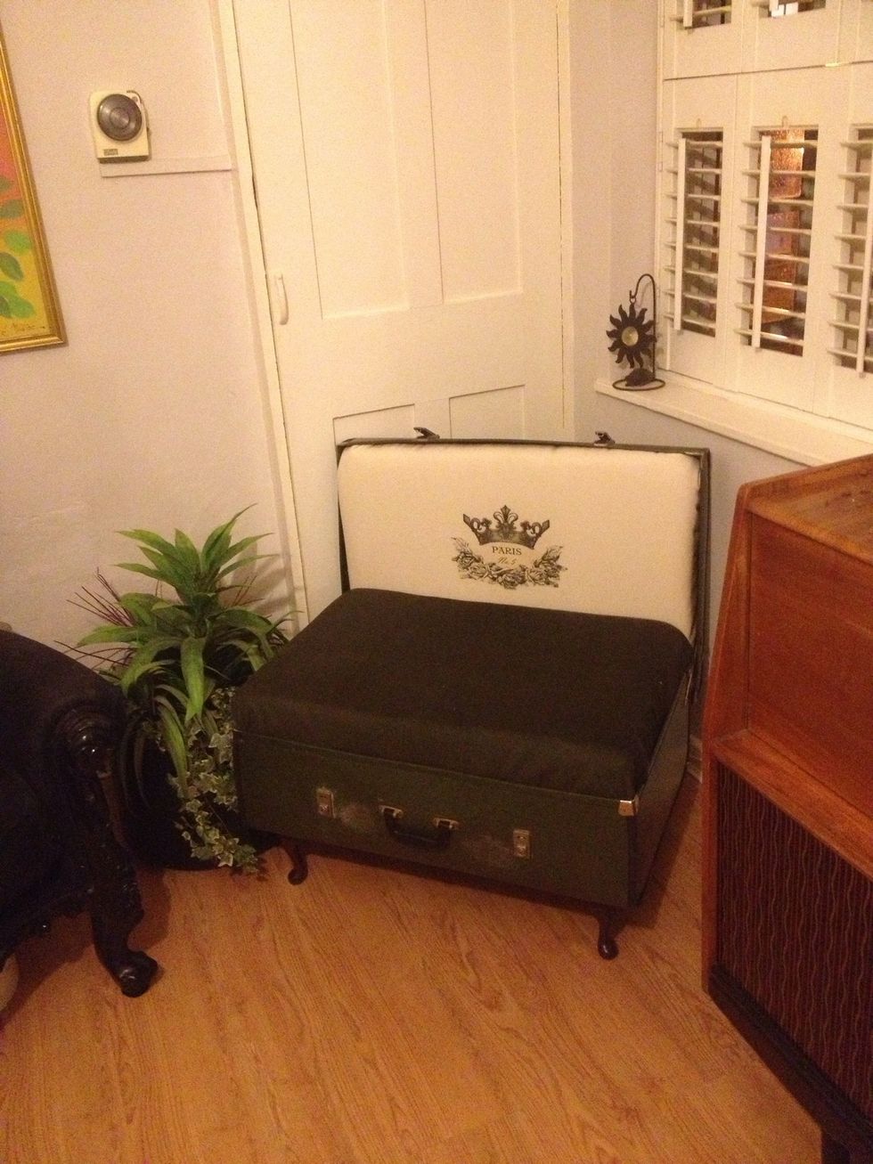 Hey presto - one very sturdy vintage suitcase chair. Wooden frame, fire retardant, Queen Anne legs cord calico upholstered beauty. One of a kind must have item. More coming soon for sale UK only