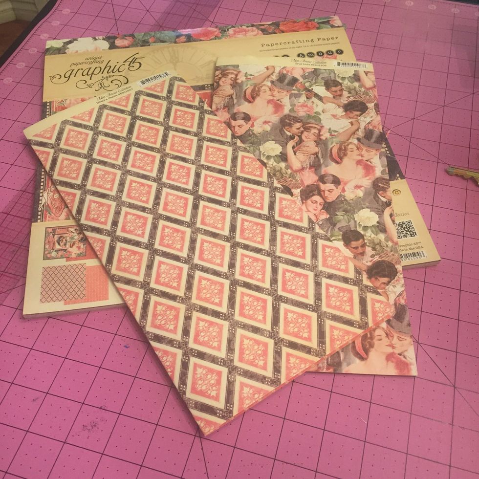Hey there, here is a super easy Pop up card to make. I happen to be using Graphic 45 Papers, but you can use any 12x12 scrapbook paper. Pick 2 pieces you like (I like double sided papers