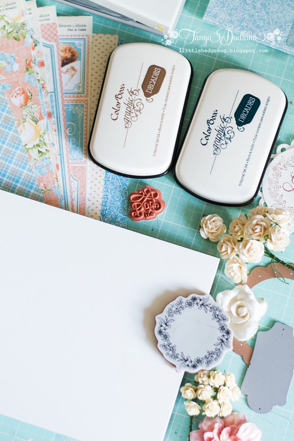 Hi! Today I want to share with you little tutorial how to make a sweet baby card. I chose Colorbox G45 decades inks and G45 stamps to make nice embellishment for my card.