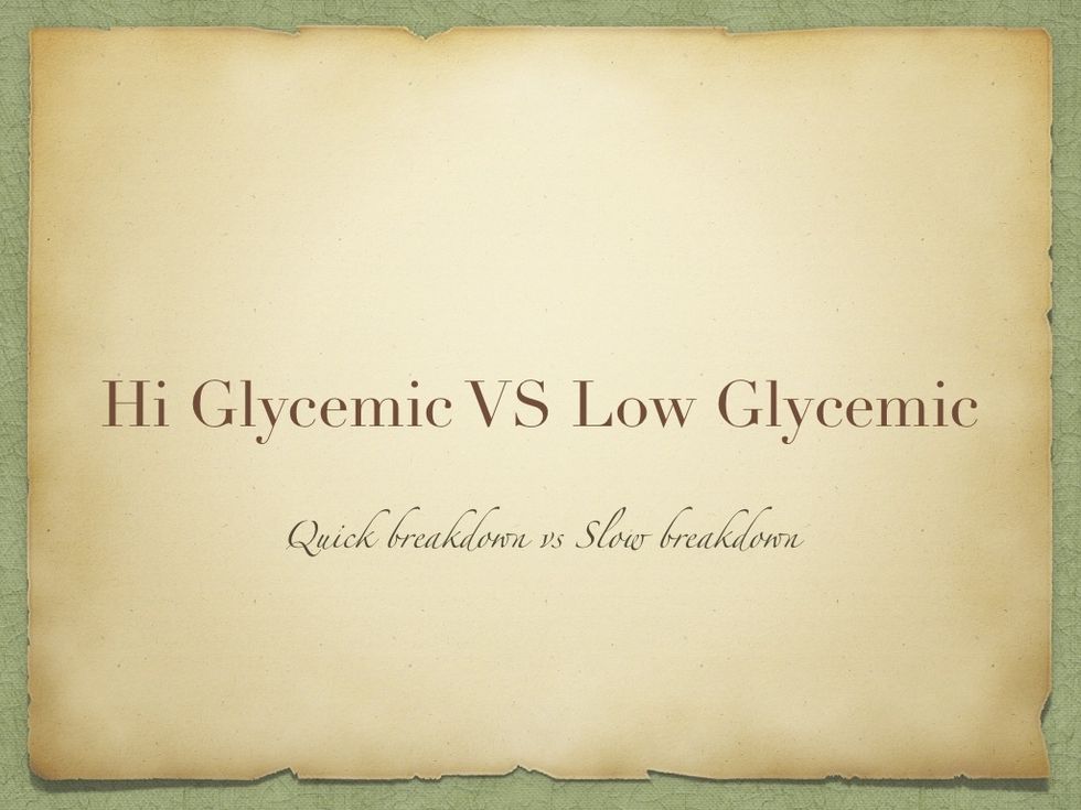 High Glycemic carbs break down and release glucose to the blood stream rapidly. BAD! Low glycemic carbs break down and release glucose to the blood stream slower. GOOD!