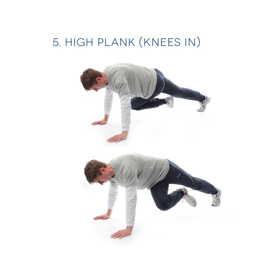 High Plank (Knees In) - Set up as you did before, but instead of bringing your legs around the outside, bring them up on the inside towards your opposing elbow. Again, do 10 on each side