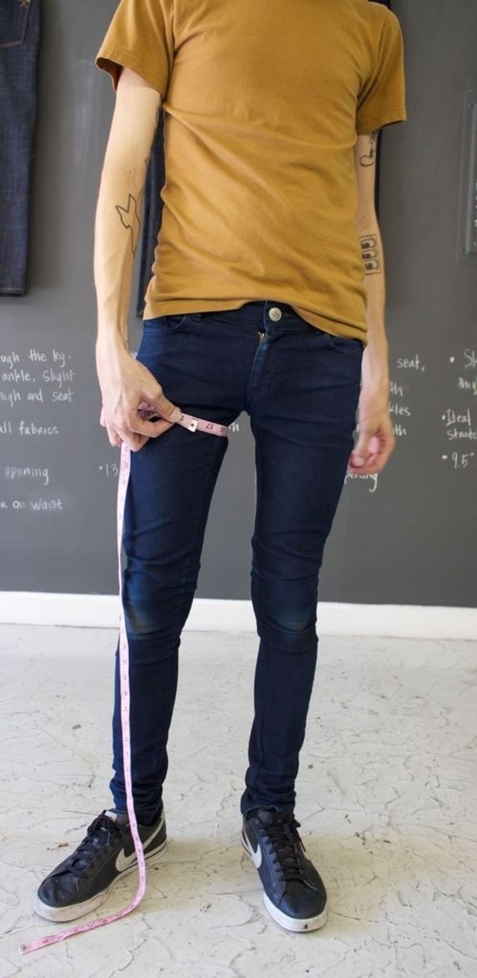 High Thigh - If you're wearing pants, make sure to pull your pants all the way up and measure 1 inch down from crotch area (the point where all your seams meet).
