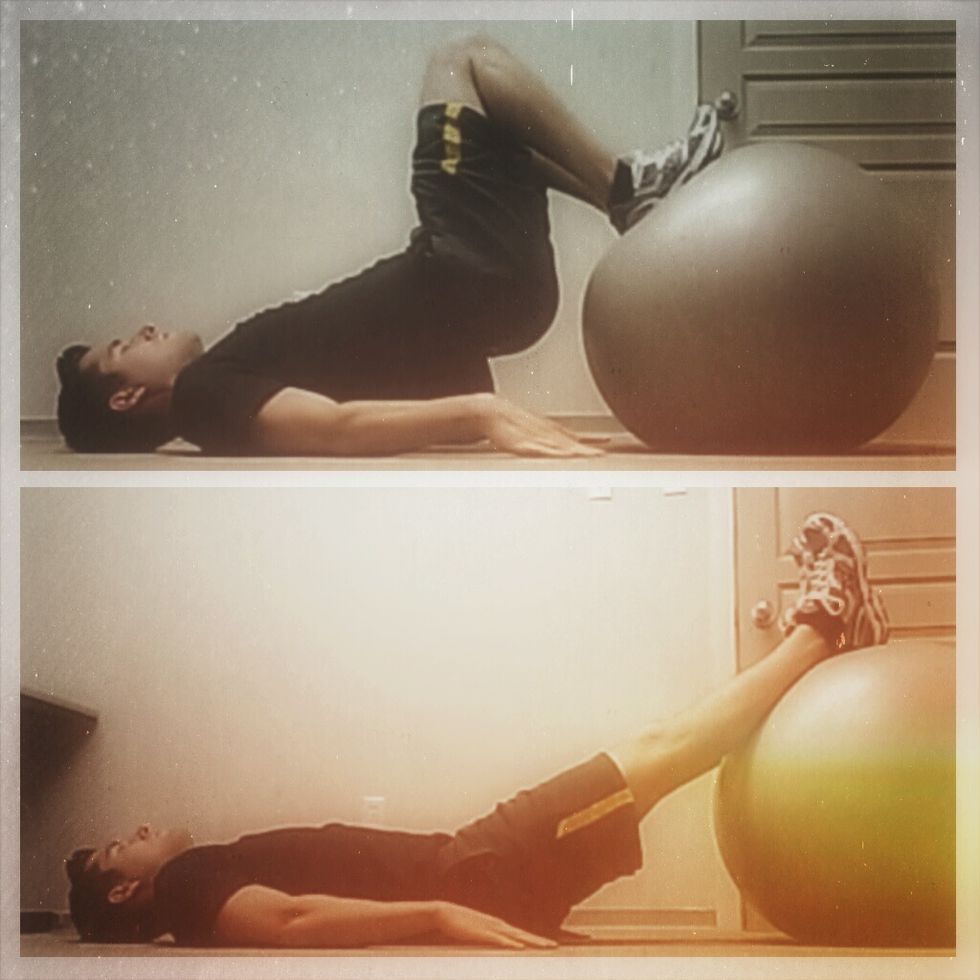 Hip Raise with hamstring curl. Lay down with the heels on the top of the ball, raise the hips up into a straight position and hold. Then roll the ball towards you, and hold. Reverse. 12 reps