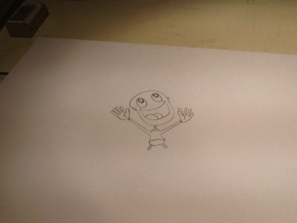 His lower body and legs, thin and short to emphasise the size of his head