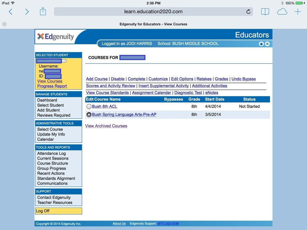 Hit the course bubble, click scores and activity review.  This is where you check grades & things you must review for students to continue in the course ie. essay questions that require teacher eyes.