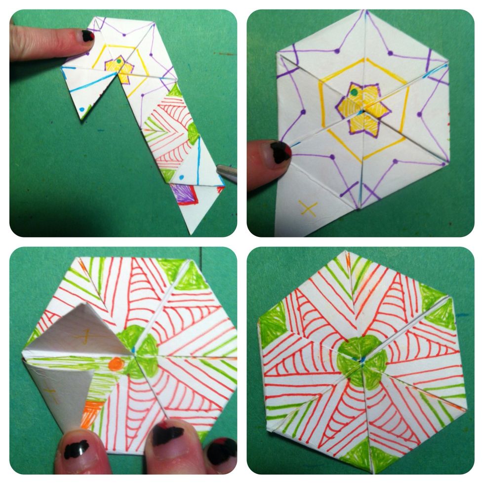 Hold 3 triangles on left again & bring strip down. Bring strip around again & over that original bottom triangle, so that all triangles match. Locate blank triangles & glue together.