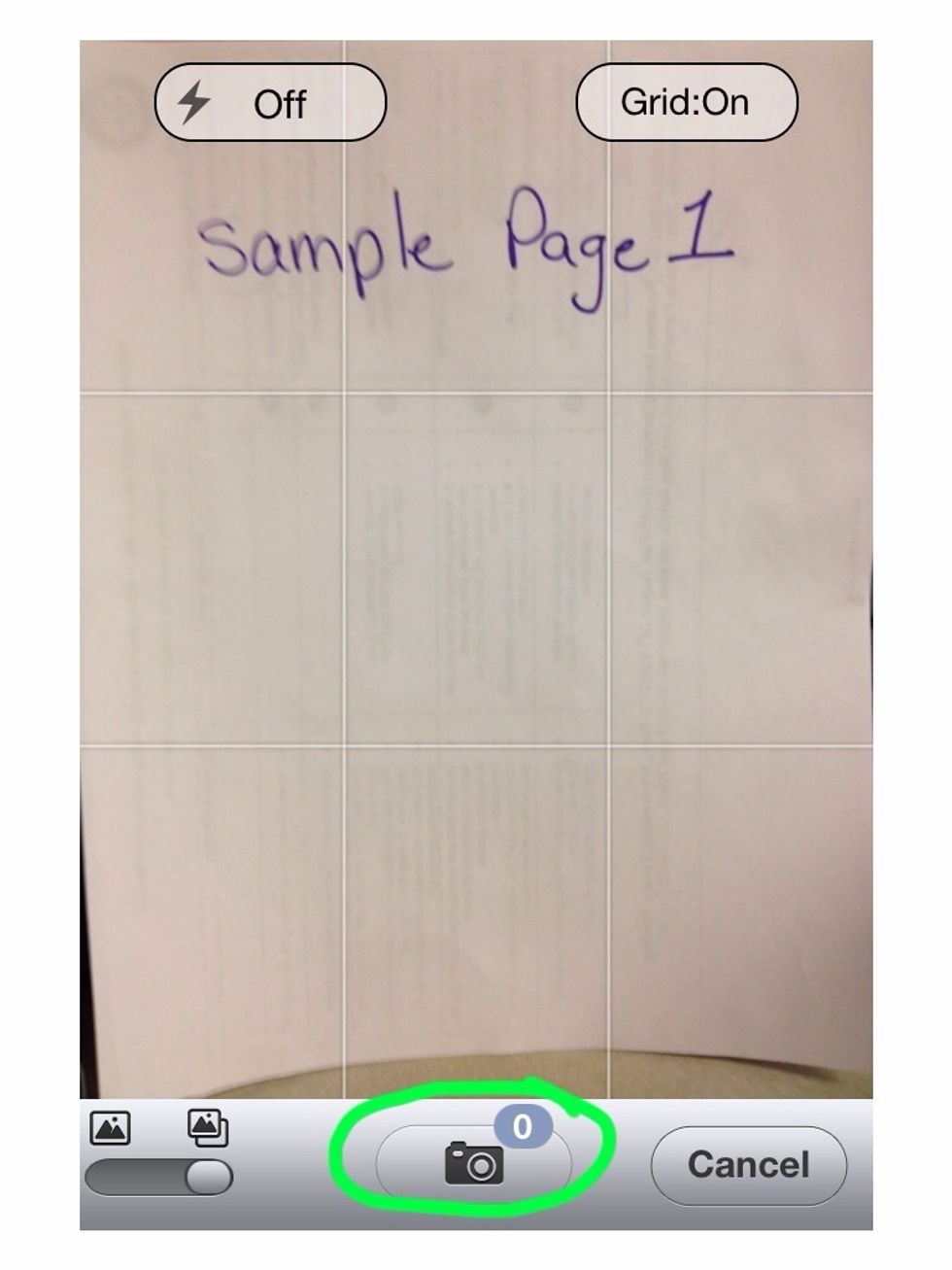 Hold the iPhone above the first page of your document with the entire page showing and touch the Capture button. If you need to, tap the screen of the iPhone and it will refocus.