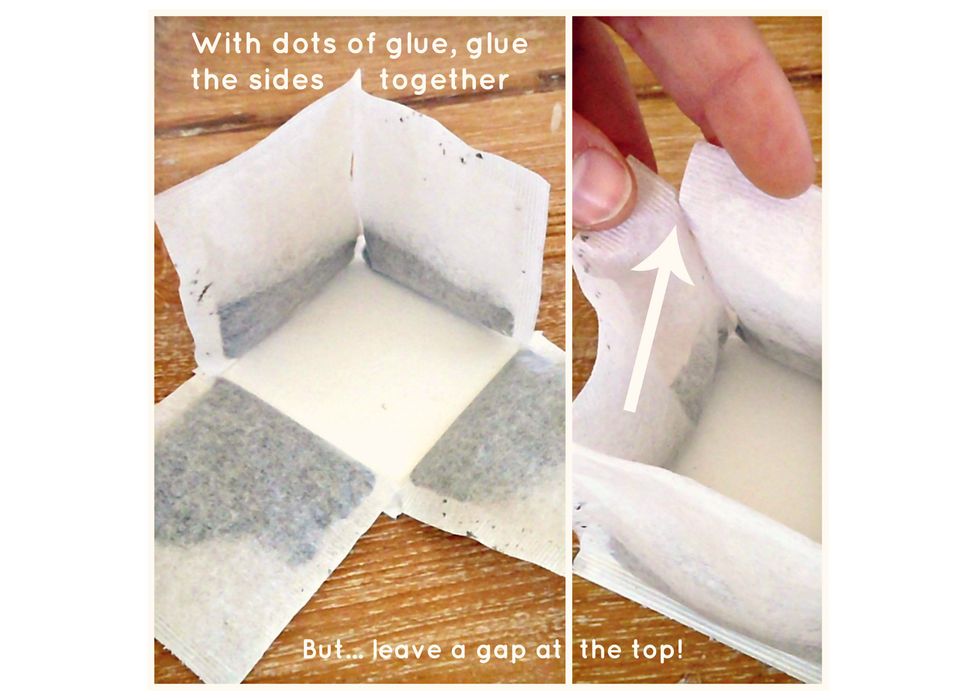 Hold the sides up and secure them with dots of hot glue to form a box shape. Pinch to secure. Be sure to leave a gap before the top, about a quarter of an inch.