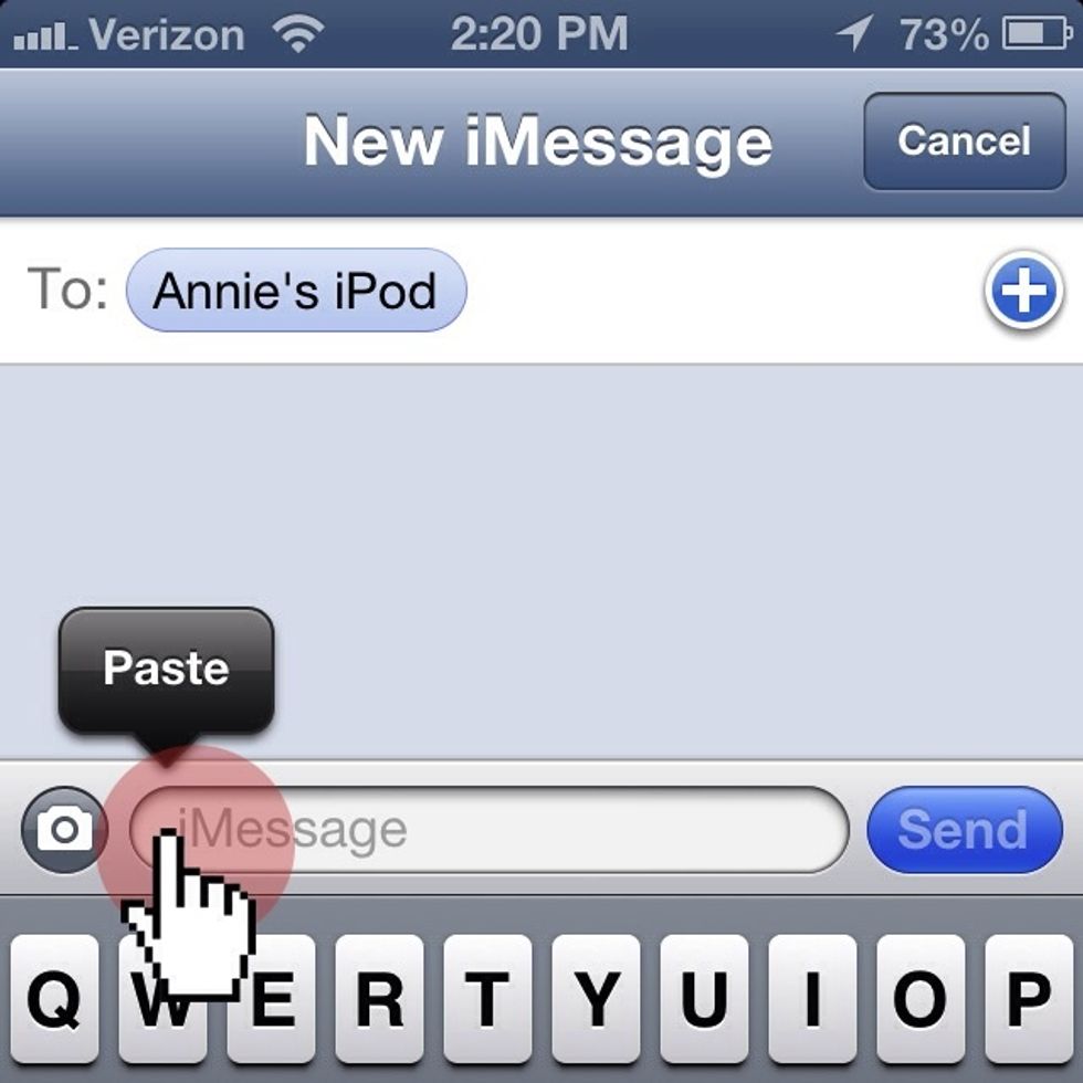 Hold the space where you write your message  for around 2-3 seconds. You'll see the "Paste" button pop up. Press it!