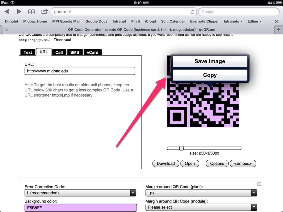 Hold your finger down on the finished QR code. A "save" or "copy" dialog box will come up. Save the QR code. It will be placed in your photos.