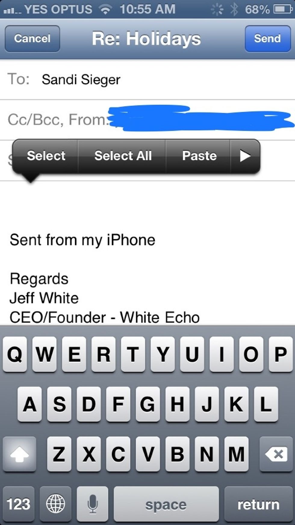 Hold your finger in the email space for 2 secs - like you're going to copy - and the copy paste button appears. Press the arrow key to the right.