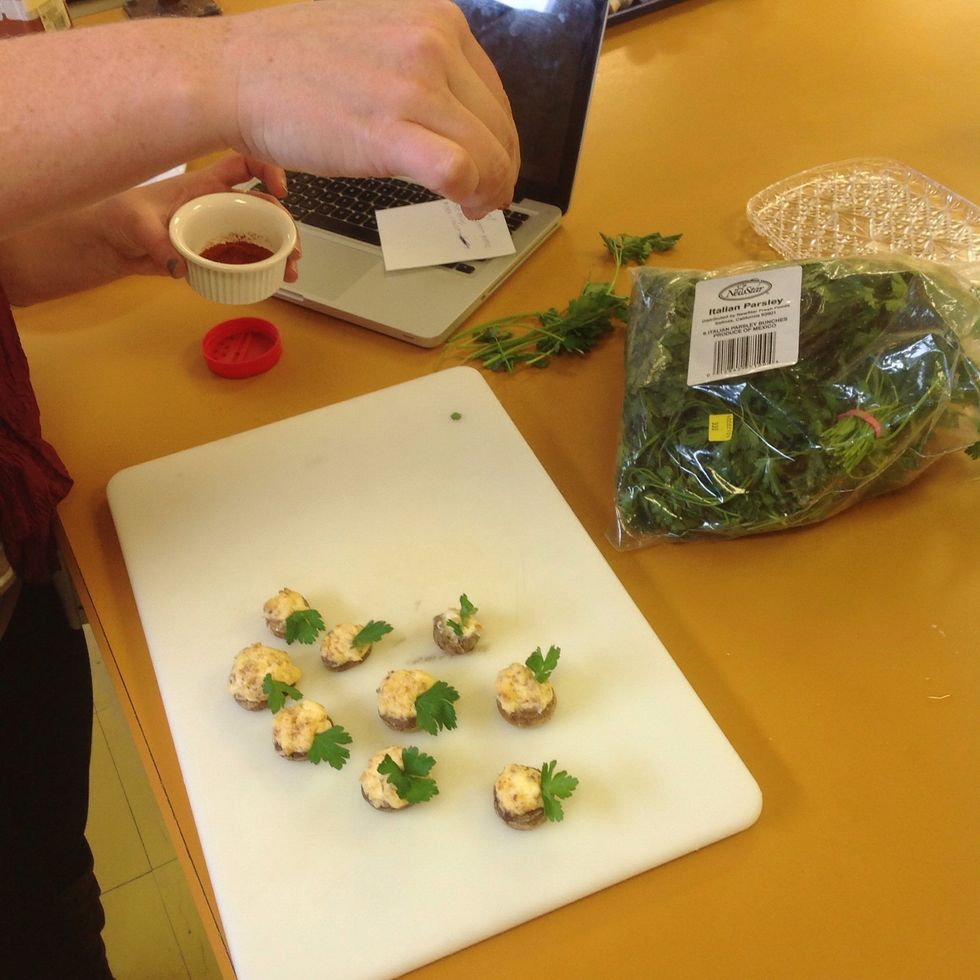 Hold your hand up high when you sprinkle the spice so it falls evenly on the mushrooms.