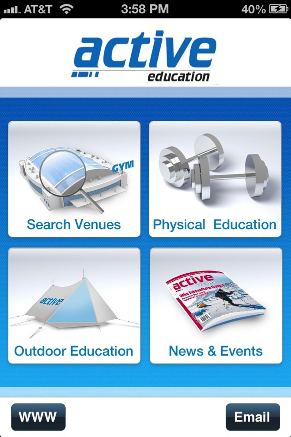 Home page: You can choose from these four options to navigate throughout the active education app.