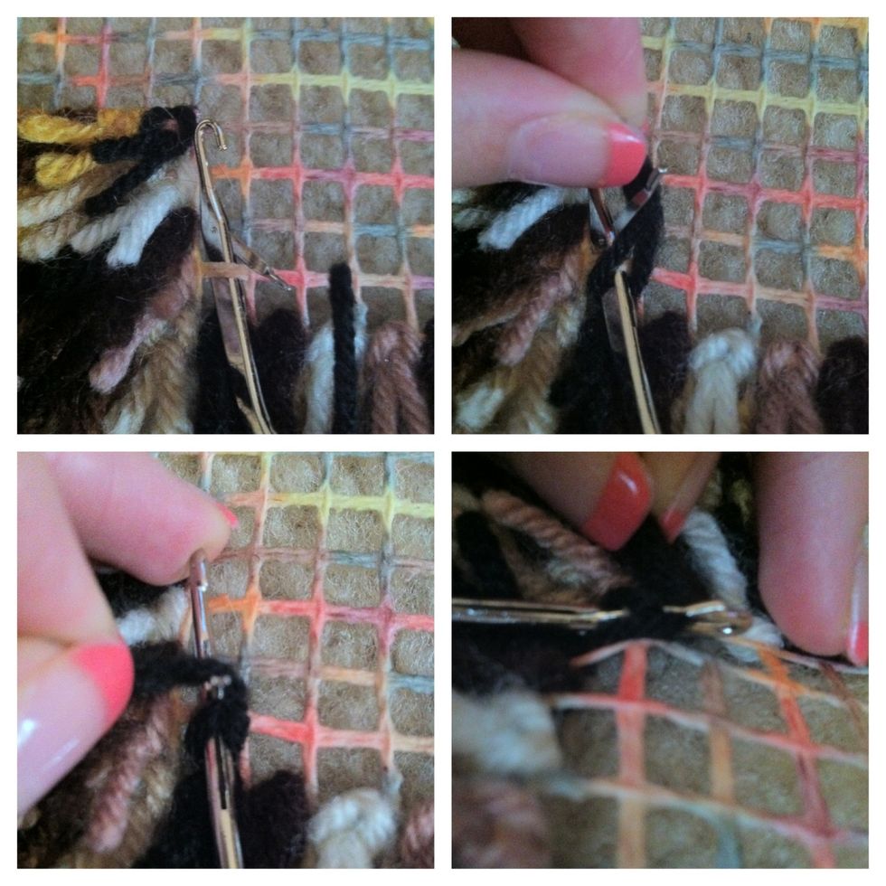 Hook goes through the first tiny square only. Then pull your loop up, and around the protruding hooky thing. Pull the handle of the hook tool down, so the protruding piece closes.