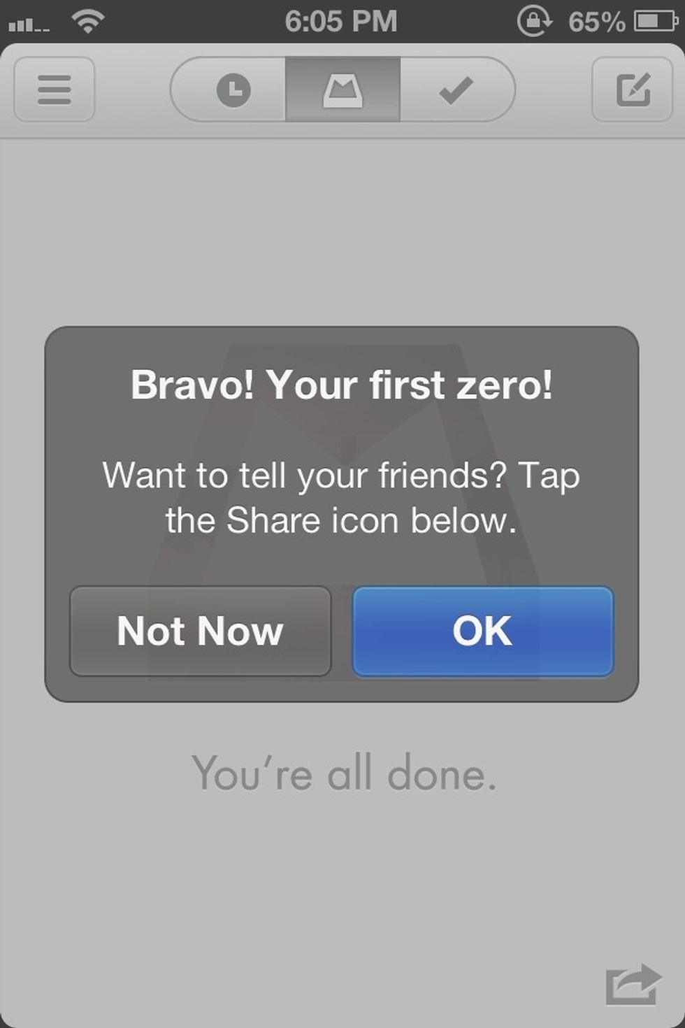 Hooray, our first zero! That means all unread emails have been dealt with by either archiving them, deleting them, "snoozing" them till later, or assigning them to specific lists!