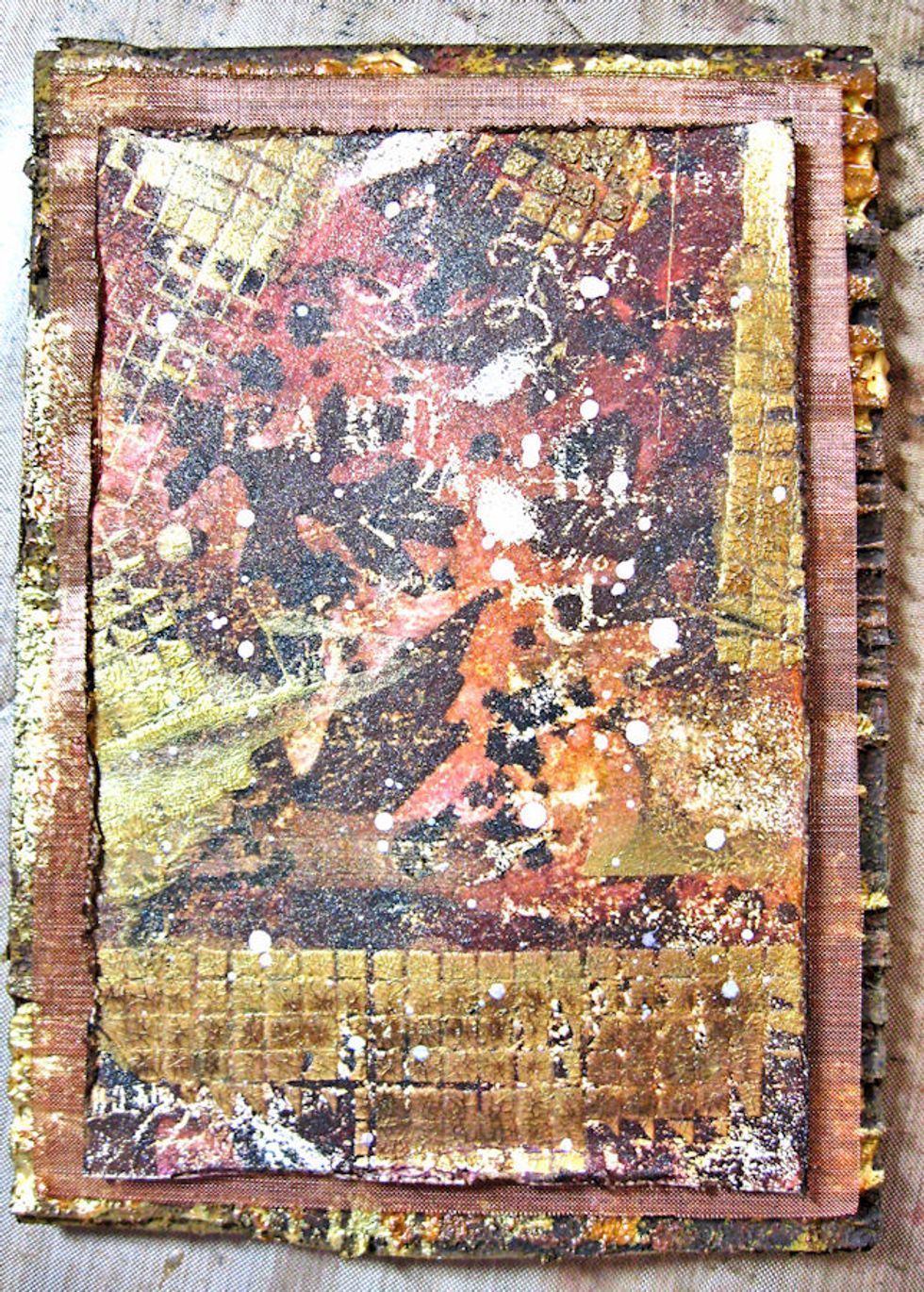 Hot glue copper mesh to back side of 4" x6" panel.  Glue onto corrugate base. ( I had this in my stash for years.  I think I purchased it online at Paper Wishes. You could use rusty screen instead. )