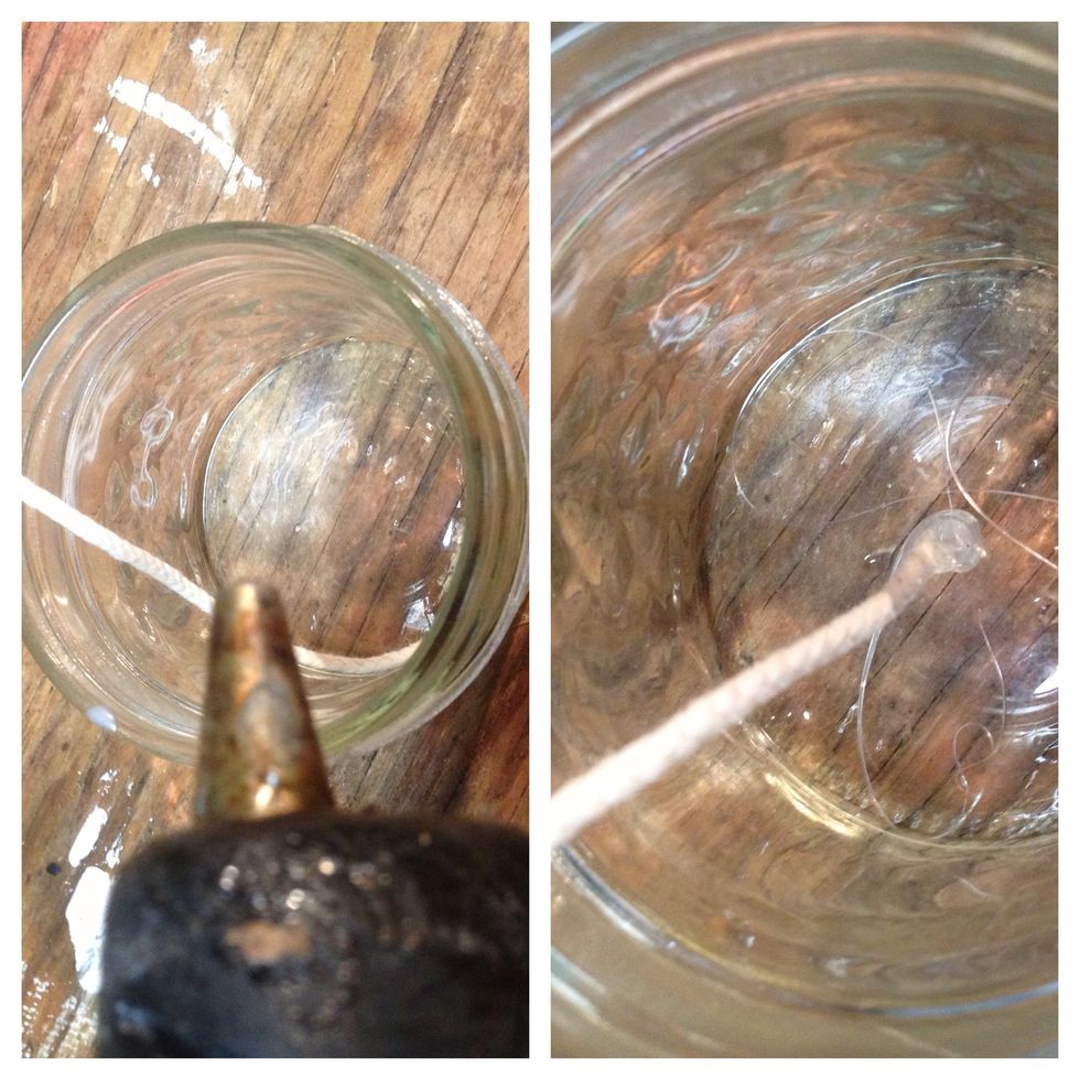 Hot-glue the bottom of the wick to the bottom of the jar.