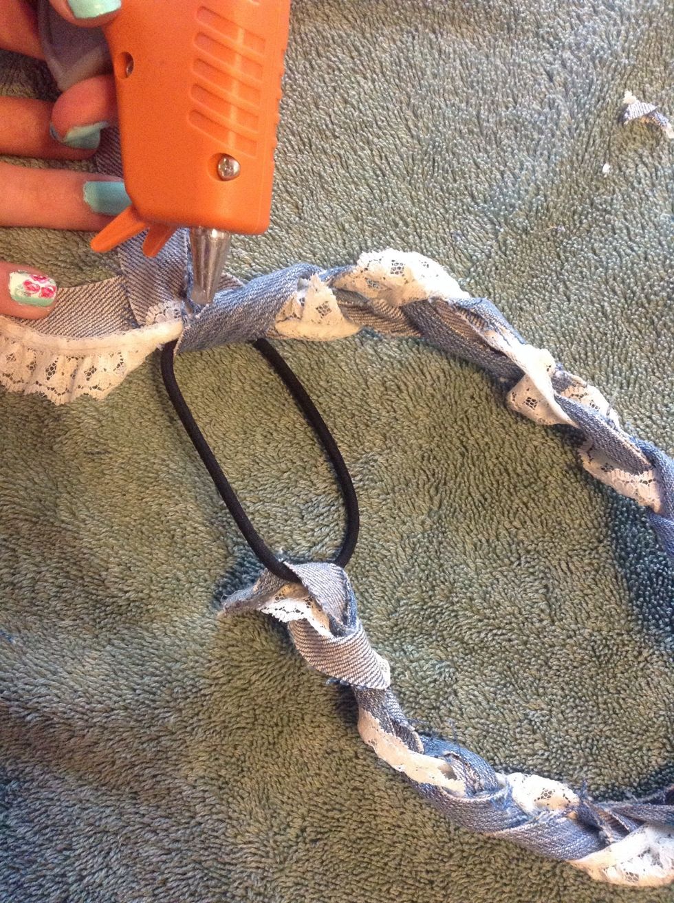 hot glue the ends of the fabric together
