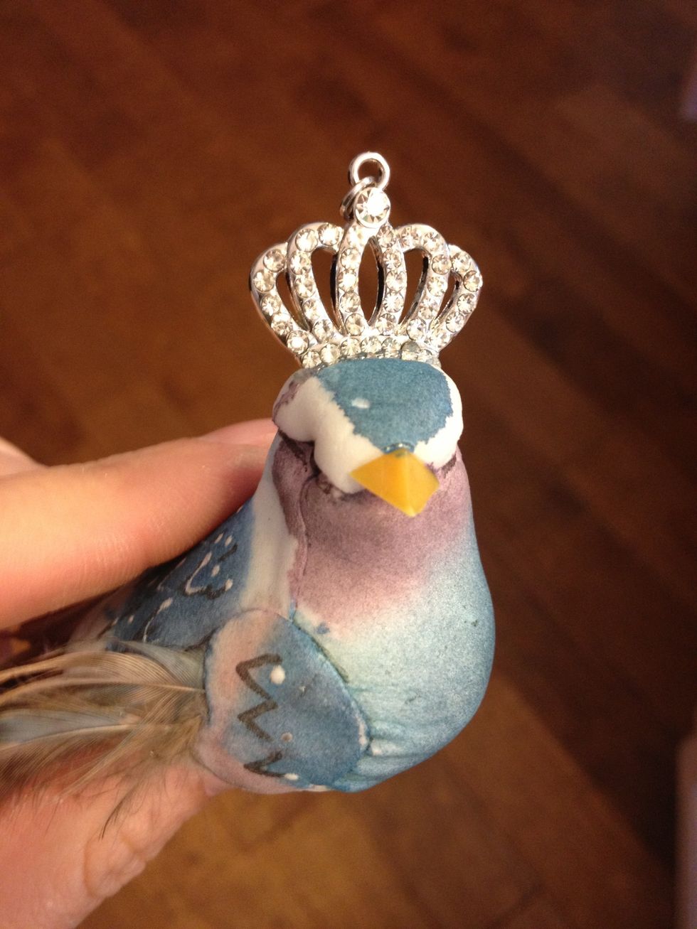 Hot glue the little crown charm in the bird's head