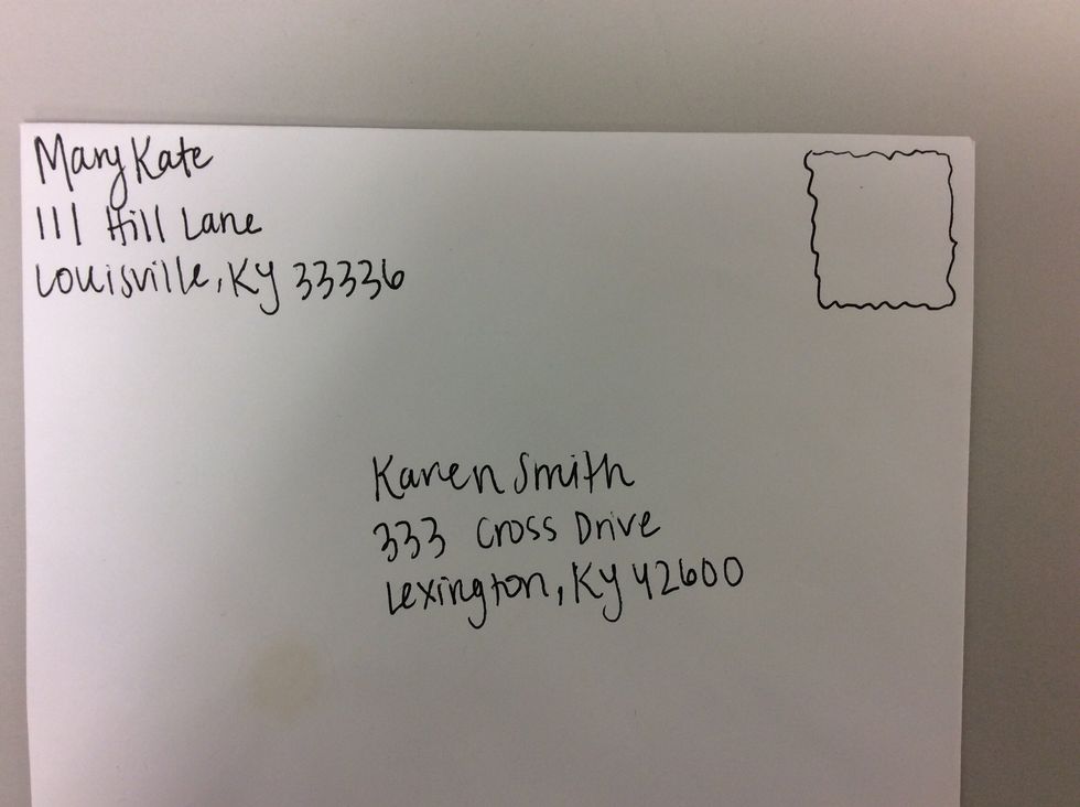 How to address an envelope: Your return address goes in the top left hand corner. Your name should be listed first then directly below your address. Next write your city, state, and zip code.