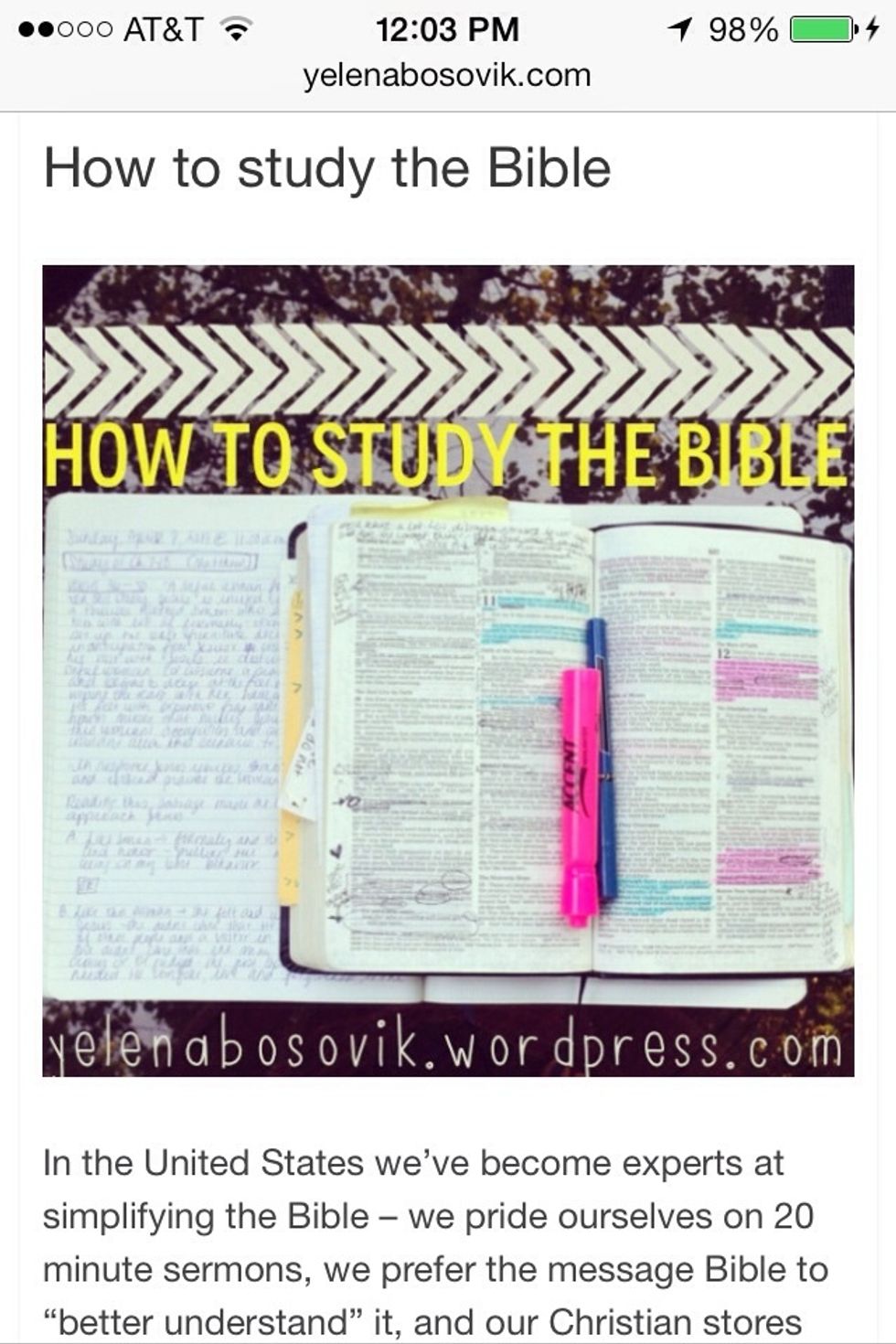 http://yelenabosovik.com/2013/05/23/how-to-do-bible-study/ This blog has great tips on how to study the Bible. Y'all should check it out(: