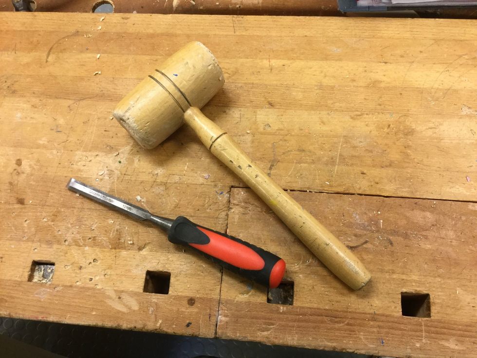 Hugg bort d\u00e4r du precis s\u00e5gade. Gl\u00f6m inte att sp\u00e4nna fast arbetet i b\u00e4nken. Anv\u00e4nd ett st\u00e4mj\u00e4rn och en tr\u00e4klubba.