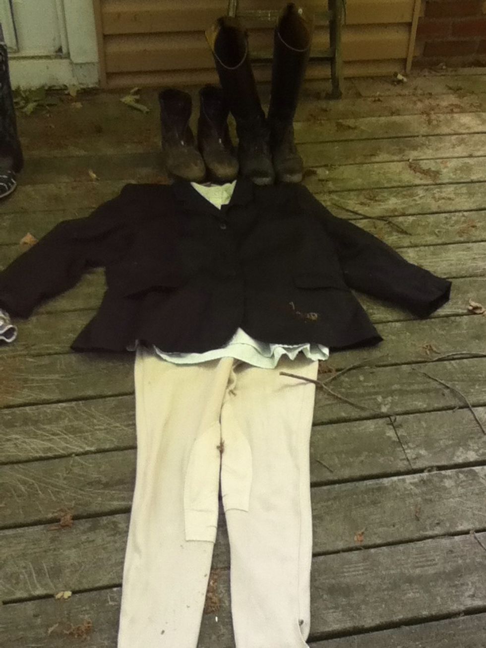 Hunt seat attire. No matter how fat or thin you are.. You will look like a marshmallow in stilts...