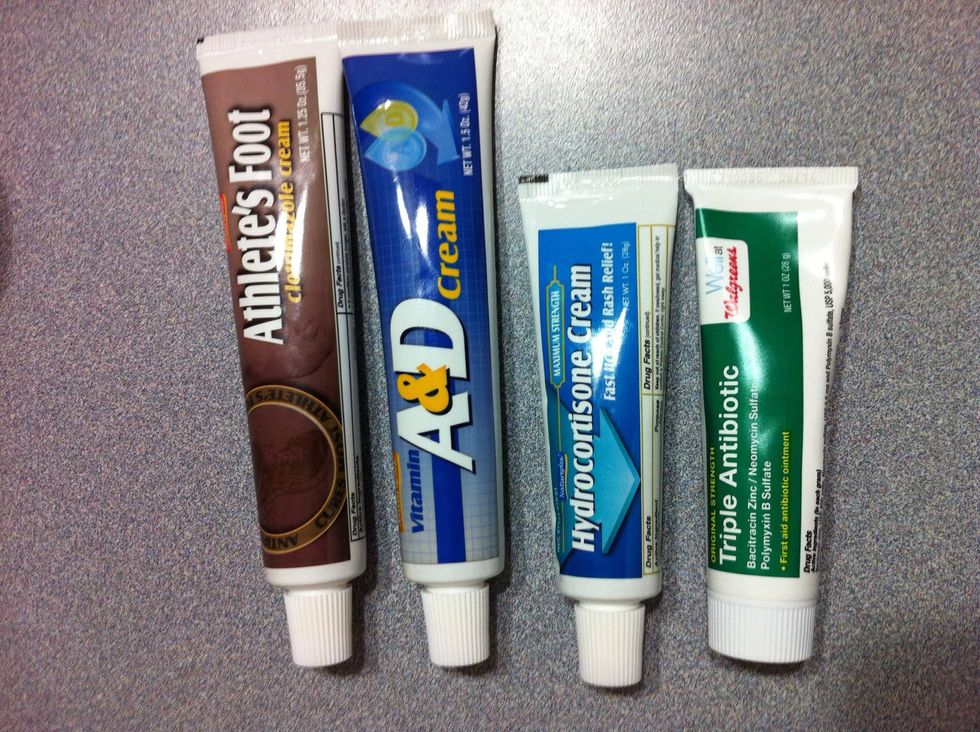 *Hydrocortisone Cream: Treats Arthritis, skin disease, allergies, swelling. Triple Antibiotic Cream: kill bacteria on your skin and is used to treat infections in minor cuts, scrapes, or burns.