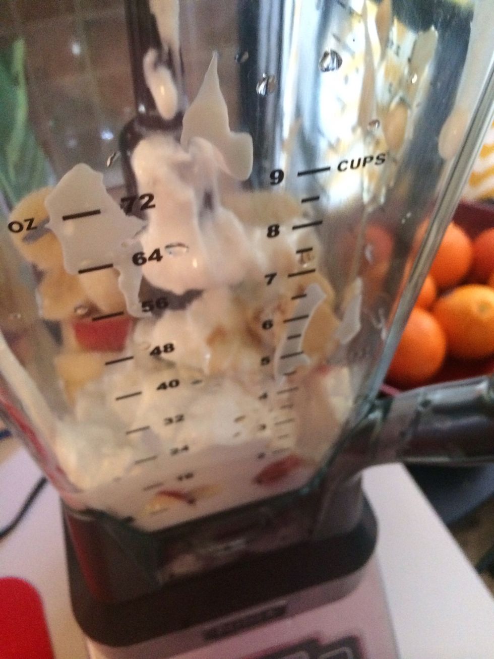 I add about 1/2 c of ice because I like it cold, blend until smooth, can be made the night before