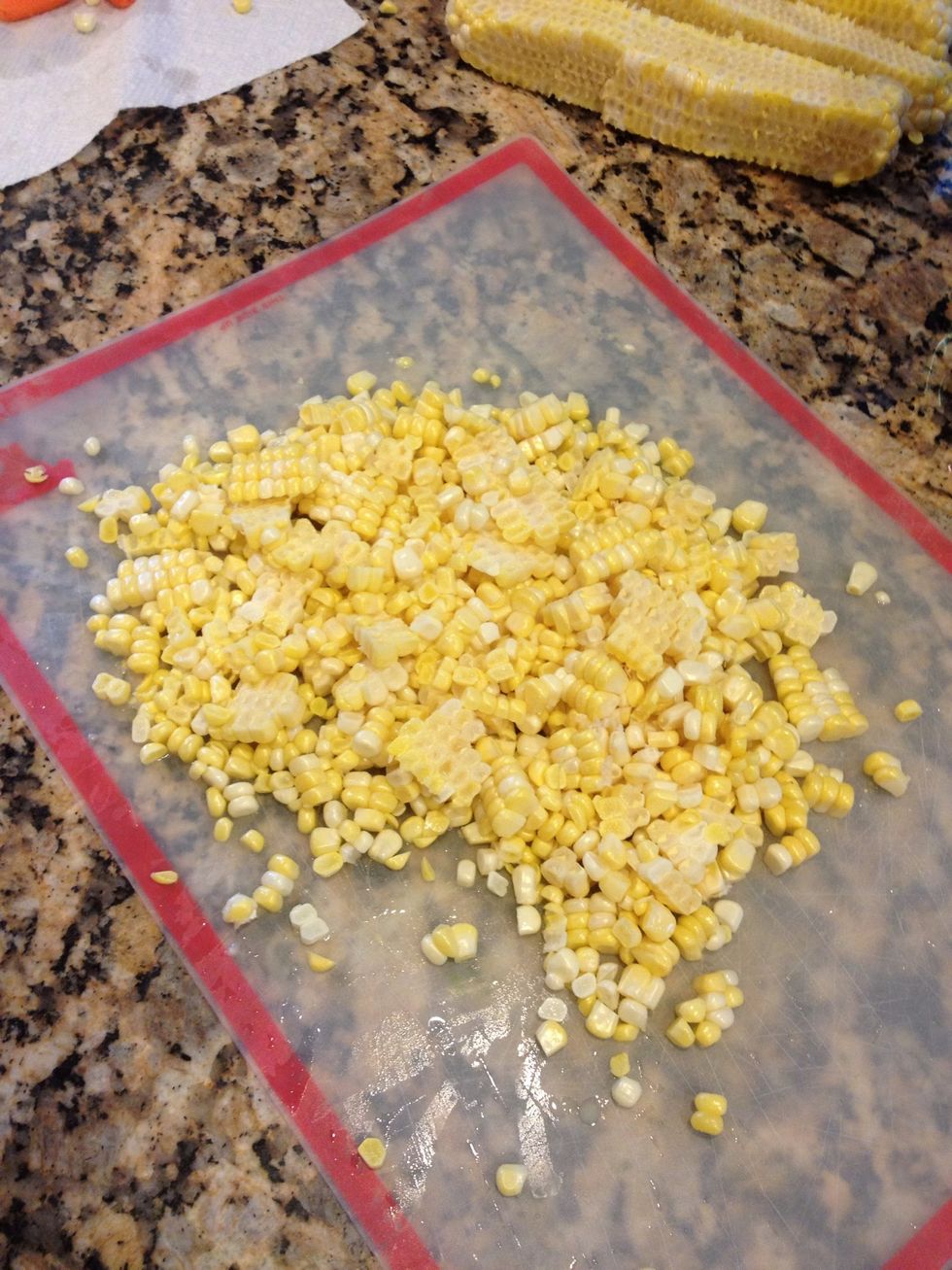 I add fresh corn after the celery/carrots have softened for about 5-7 minutes. Saut\u00e9 all together for another 5 minutes. Once your veggies are tender, pour stock to the pot.
