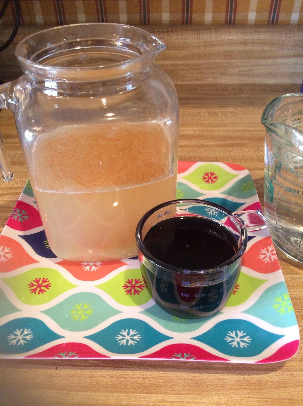 I added 4 cups Filtered Water then the 1 cup of Lemon Juice (I strained the seeds out before hand) , 1/2 teaspoon Cheyenne Pepper, 1 cup Grade B Maple Syrup, then the last 4 cups of water. Stir well.