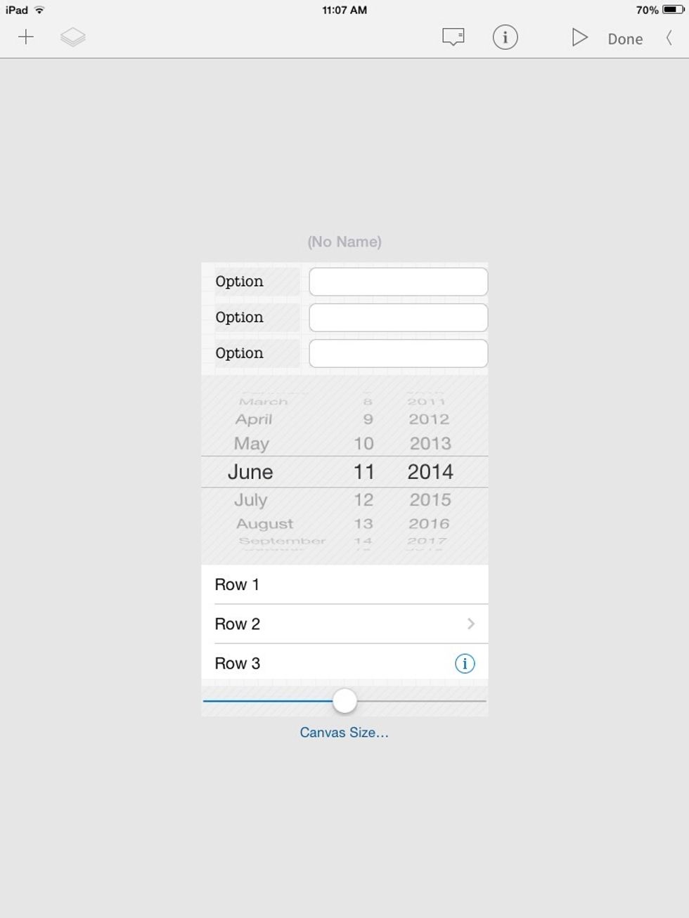 I added a "datePicker", a "TableView," and a "Slider" to the canvas.