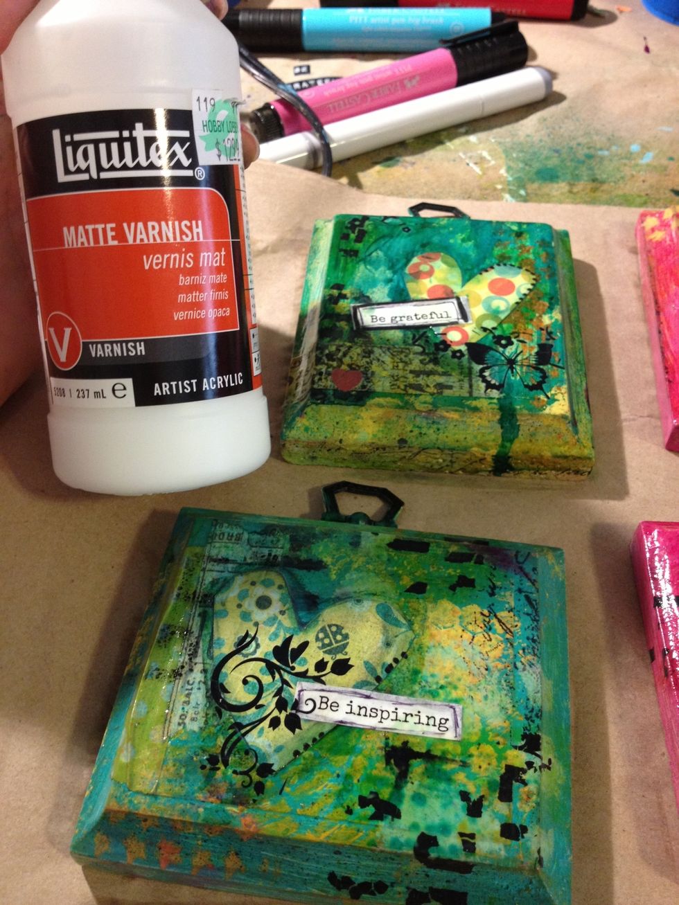 I added a few rubons at the last minute, I felt like they need a little something extra. When all the pieces are dry, seal with a matte varnish. Allow to dry overnight.