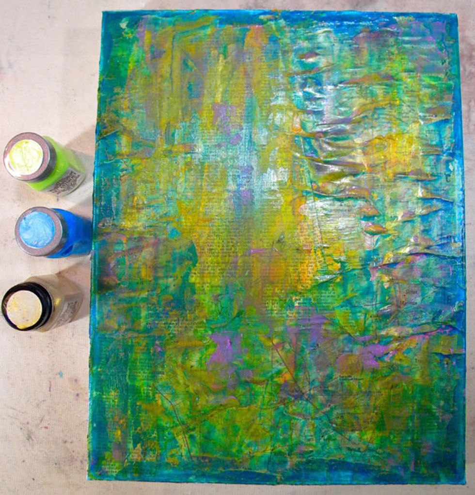 I added Baby Blue Eyes and Tink Sorbets with my palette knife randomly. Then for a touch of gold, some Gold Metal Effects.