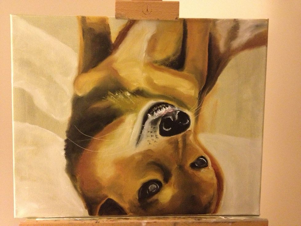 I added black on the putty knife and guided it around the teeth to make them more formed. Then scratched out some lower teeth. While I had the knife I added the tuft of hair on his chest.