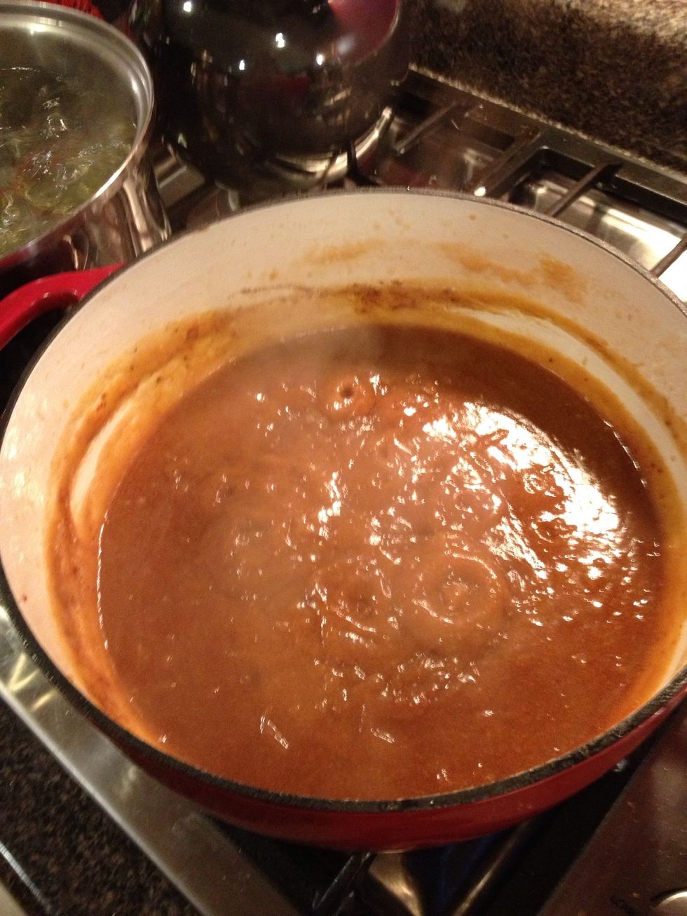 I added cinnamon to mine. Return your pureed peaches to the stove and bring to a simmer on low for 30-45 minutes. You must stir frequently to prevent burning. Don't even bother leaving the kitchen.