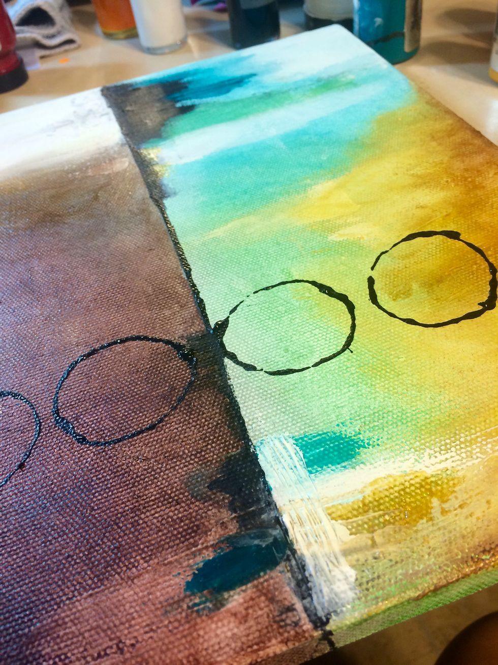 I added circles to the canvas by dipping the end of an empty paper towel roll into Tuxedo Velvet.  It adds dimension along with circles that I love so much.