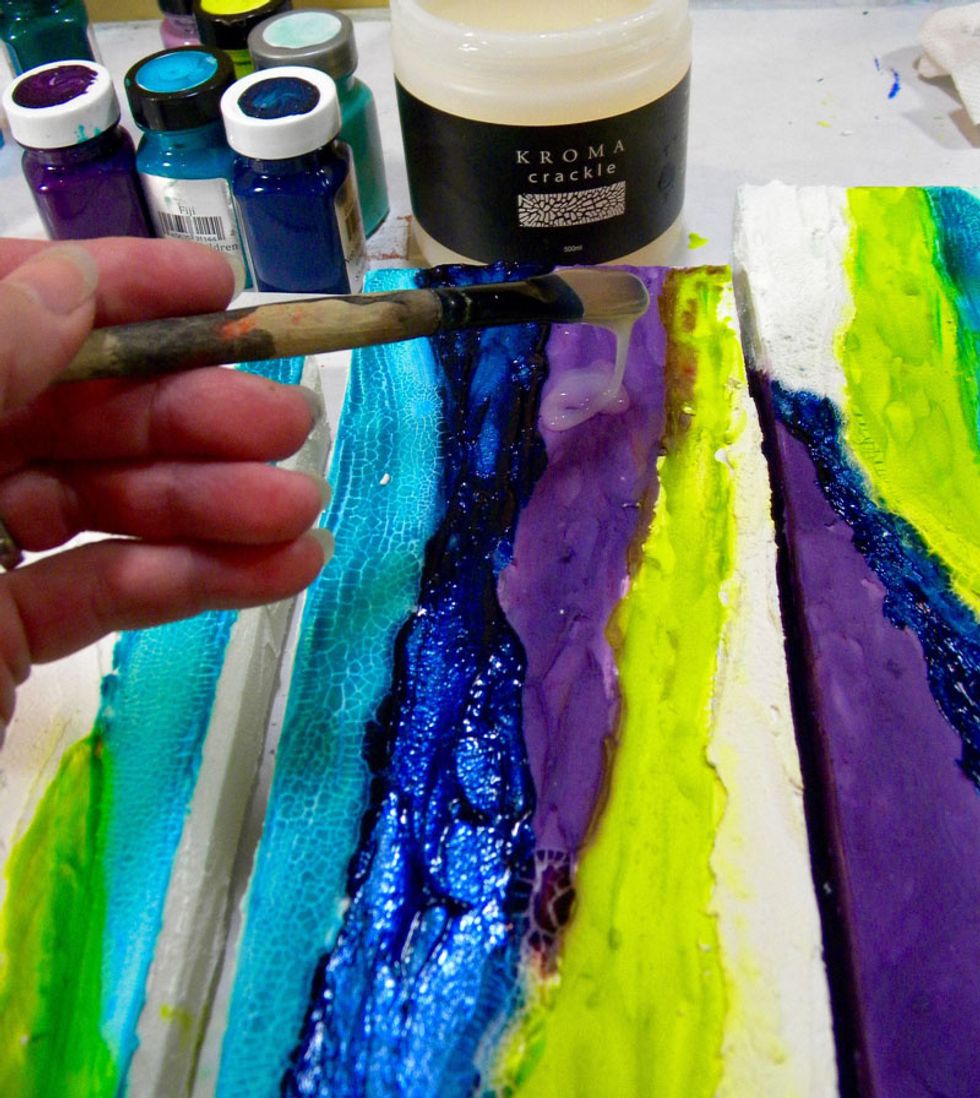 I added Kroma Crackle to the purple stripes and let it dry and crack before moving on. I also added Tink Sorbet to the green stripes to add shimmer.
