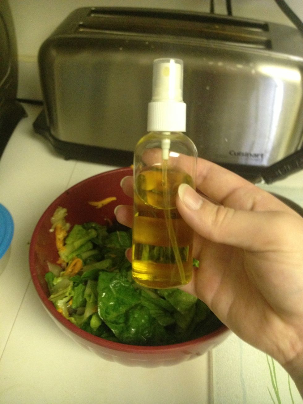 I added one squirt of olive oil. Side note, these squirt bottles are incredible for oil. I got this one from dollarama. Stir more.