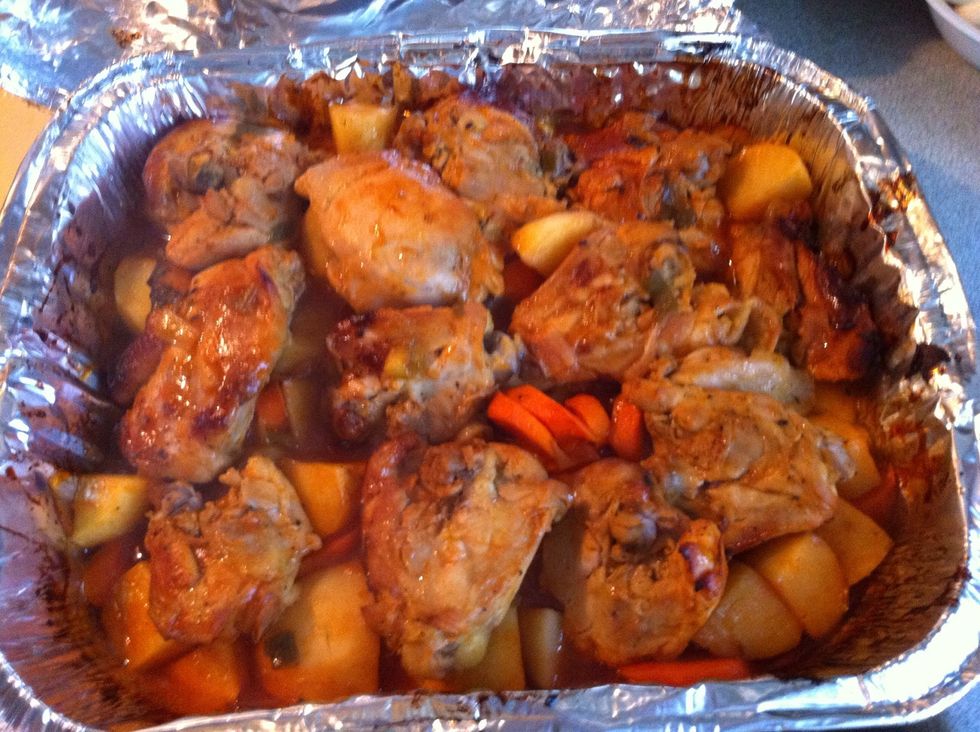 I added potatoes and carrots to mine. Put it in the oven for about 3 hrs