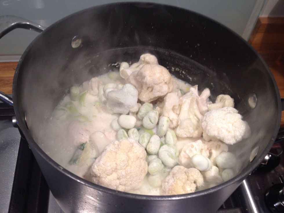 I added some frozen cauliflower and frozen broad beans that I had in. Stir well and cook over a medium heat until the chicken is cooked through and the vegetables are soft