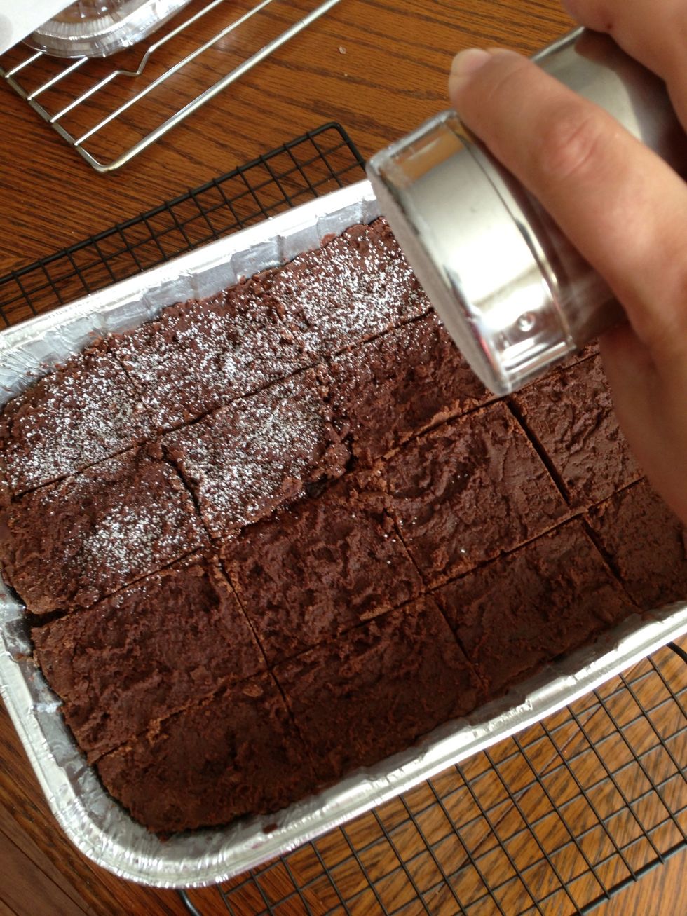 I added some powdered sugar on top to look pretty. You can do this too, after the brownie has cooled down. You can also slice your brownie into pieces.