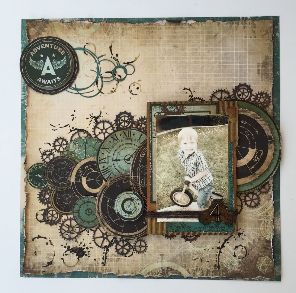 I added the blue die cut under the title, and simply tucked the gears border under my circles/clocks. Popping these circles up with room to spare under them gave me enough room to tuck in the gears.