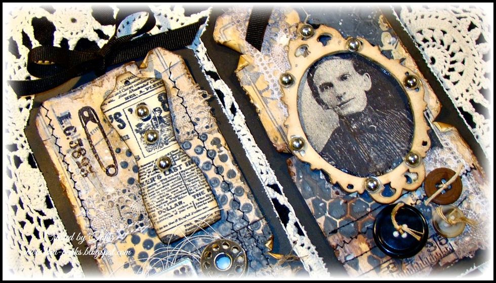 I added these pewter Dew Drops to my piece for more interest. The photo is a stamped image from Oxford Impressions "The Dress Maker"