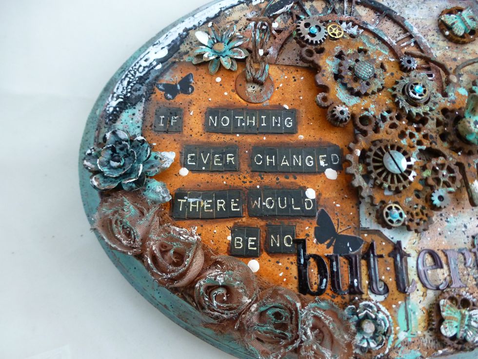 I added UTEE (Ultra thick embossing powder) in random spots on the edges and clock. Added a little gesso to highlight.